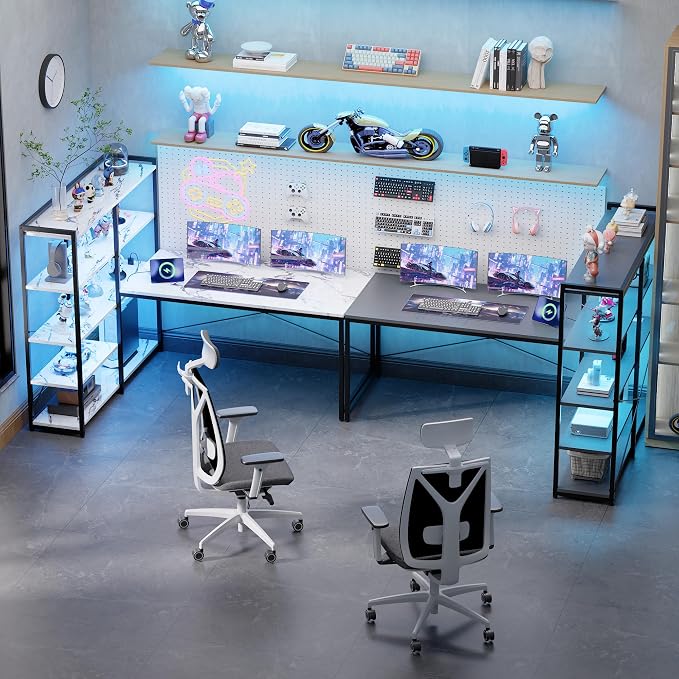Pamray 49 Inch L Shaped Gaming Computer Desk with Shelves and Storage | Compact Reversible Design with LED Lights & Power Outlets, Suitable for Home Office Bedroom Small Spaces and Dorm Study Work - Image 2
