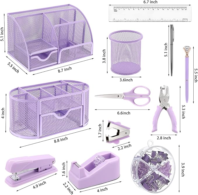 17 in 1 Purple Desk Organizers and Accessories Set, 3 Office Desk Supplies Storage Organization, 4 Pens, Stapler, Staples & Remover, Tape & Dispenser, Scissors, Ruler, Clips, Hole Punch Back to School - Image 2