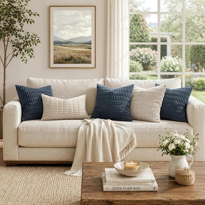 MIULEE Pack of 2 Corduroy Decorative Euro Sham Throw Pillow Covers 24x24 Inch Soft Boho Striped Pillow Covers Modern Farmhouse Home Decor for Summer Coastal Sofa Living Room Couch Bed Blue - Image 5