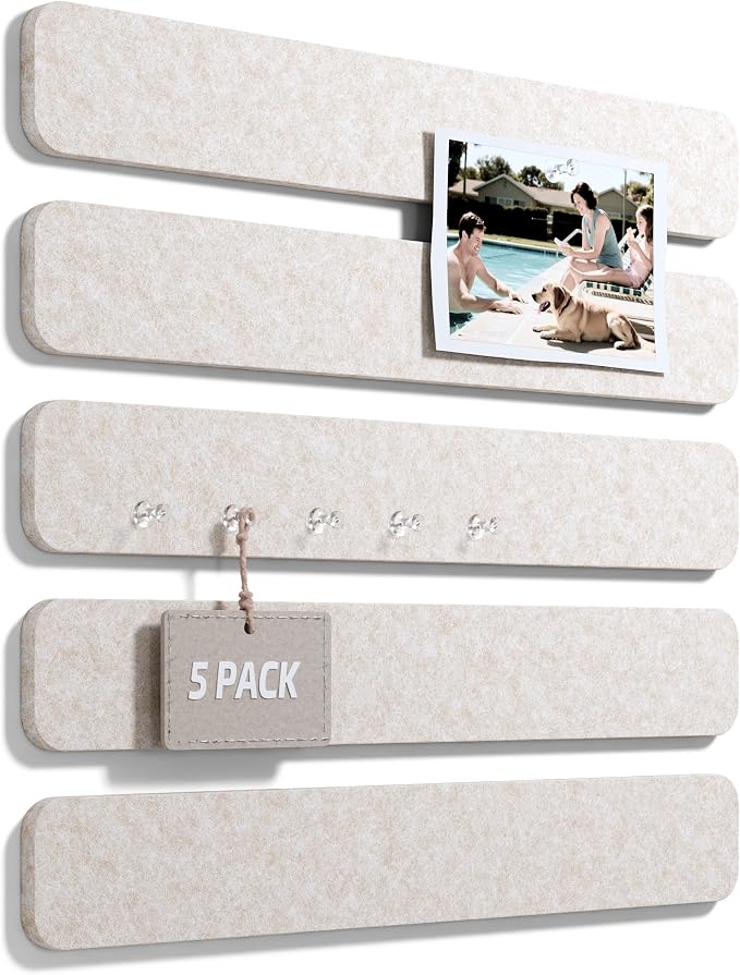 Fluxynara 13" x 2" Felt Wall Panels, Oatmeal | 5-Pack Cork Board Alternative with 35 Push Pins, Adhesive Mounting for Bedroom Door or Home Office by FLUXYNARA