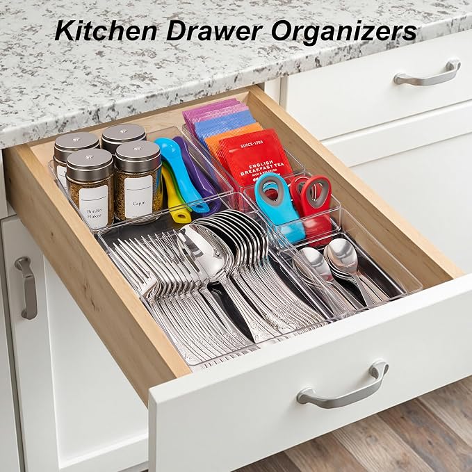 SMARTAKE 7 PCS Drawer Organizer, 4-Size Desk Drawer Organizer Trays | Storage Tray with Non-Slip Silicone Pads for Makeup, Jewelries, Utensils in Bedroom Dresser, Office and Kitchen (Clear) - Image 8