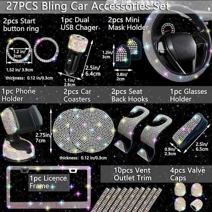 NBTEPEM 27 PCs Multicolor Bling Car Accessories Set for Women, Steering Wheel Covers Universal Fit 15 Inch, Bling License Plate Frame, Bling Phone Holder, Bling Car Coasters - Image 2