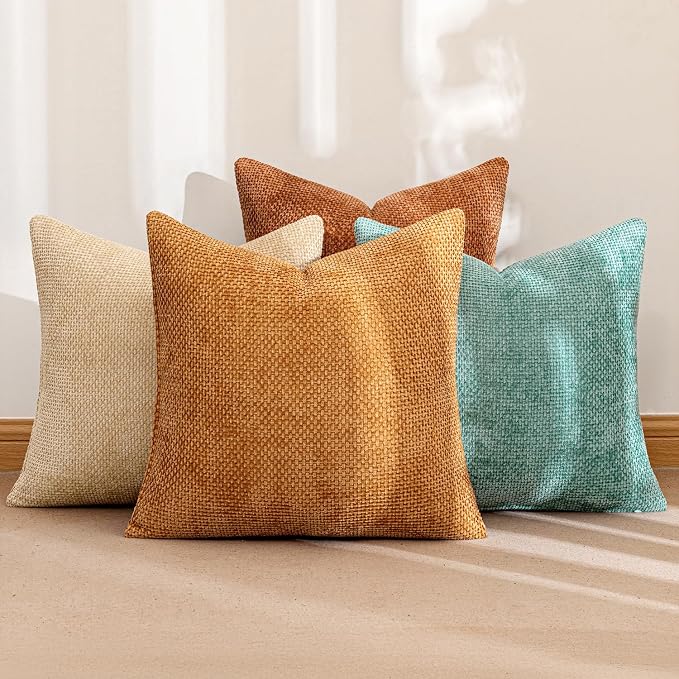 MIULEE Pack of 4 Orange/Teal Couch Throw Pillow Covers 18x18 Inch Yellow Green Soft Decorative Chenille Pillows Farmhouse Accent Cushions for Boho Fall Home Decor Sofa Bedroom Living Room - Image 2