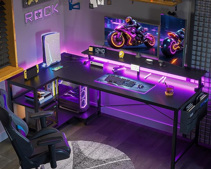 ODK 58 Inch L Shaped Gaming Desk with LED Lights, Power Outlets, Black | Adjustable Monitor Stand, Open Storage Shelves, Hanging Side Bag, PC Tower Stand, Reversible Layout for Gaming - Image 2