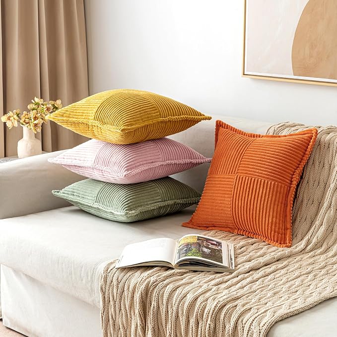 MIULEE Spring Decorative Throw Pillow Covers for Couch Bed Livingroom 20x20 Inch Set of 2 Pink Boho Accent Throw Pllows Broadside Striped Patchwork Soft Corduroy Pillowcases Valentine Decor - Image 6