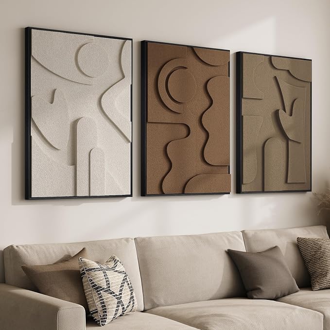 Large Framed 3D Textured Wall Art for Living Room, Set of 3 Abstract Geometric Wall Decor, Modern Neutral Brown Minimalist Pictures Artwork for Bedroom Dining Room Hallway Office, 24x36 Inch by Cuspin