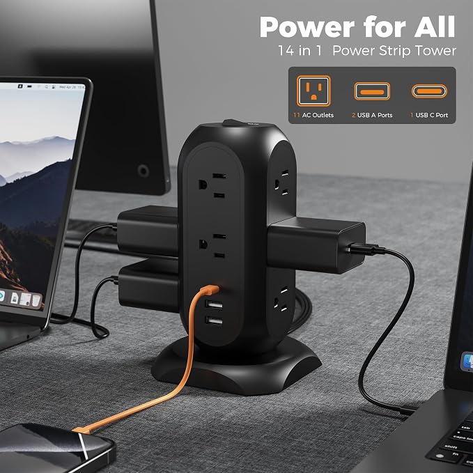TESSAN Tower Power Strip Flat Plug with 1050J Surge Protection, 6 Ft, Black | 11 Outlets 3 USB (1 USB C), Surge Protector Power Tower, Extension Cord with Multiple Outlets, Dorm, Office Desk Supplies - Image 2