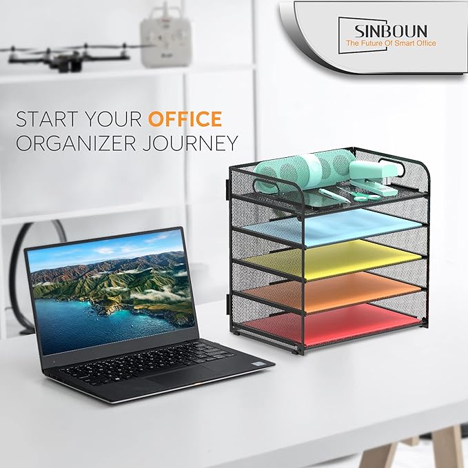 Letter Tray Paper Organizer 5-Tier Desk Organizer File Organizer Paper Holder with Handle, Metal Desktop Document Shelf Tray Office Classroom Organization - Black - Image 5