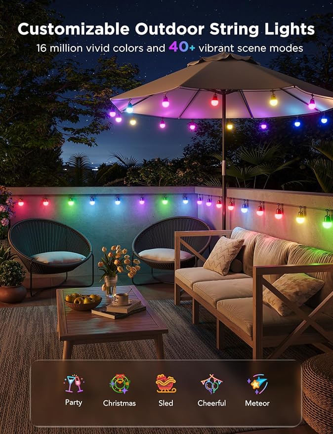 Govee Smart Outdoor String Lights 2, 48ft RGBIC Patio Lights with 15 Bulbs | Dimmable Warm White LED Bulbs, IP65 Waterproof, 47 Scene Modes for Backyard, Balcony, Work with Alexa, App Control - Image 4