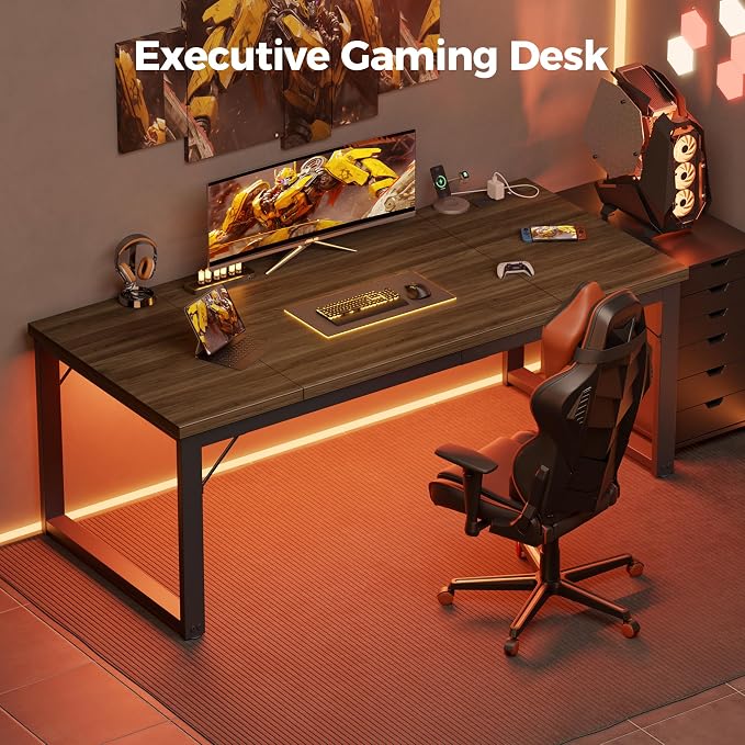 Mericonia 63x28 Inch Computer Desk w/Power Outlets, 1.2" Thick Office Table | Modern Simple Style, Heavy Duty Industrial Frame, Large Study & Writing Table for Home Bedroom Work, Walnut - Image 9
