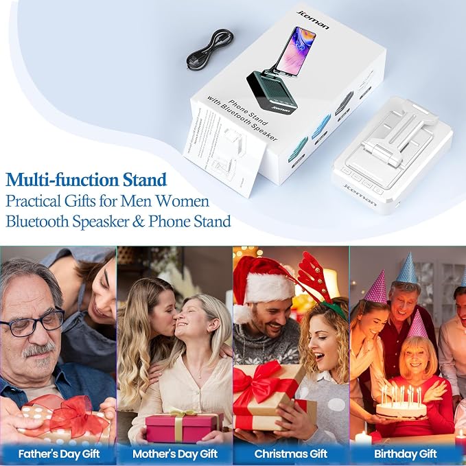 JTEMAN Portable Phone Stand with Speaker Bluetooth Wireless,Gifts for Men Women,Birthday for Women,Kitchen Gadgets for Men,Phone Holder for Desk - White - Image 7