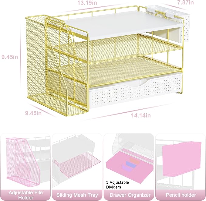 gianotter Wood Desk Organizers and Accessories with File Holder, 4-Tier Desk Accessories & Workspace Organizers with Drawer and Pen Holder, Desk Reference Organizer (Gold, 4T with Drawer) - Image 5