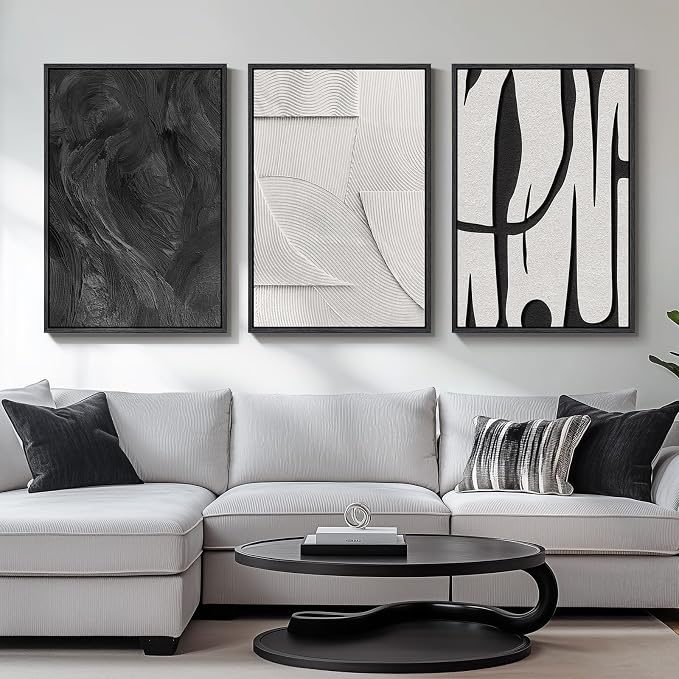 Large 3D Textured Framed Black and White Abstract Wall Art for Living Room, 3 Piece Modern Artwork for Walls, Minimalist Black White Texture Paintings for Hallway Office Wall Decor 24x36 In - Image 3