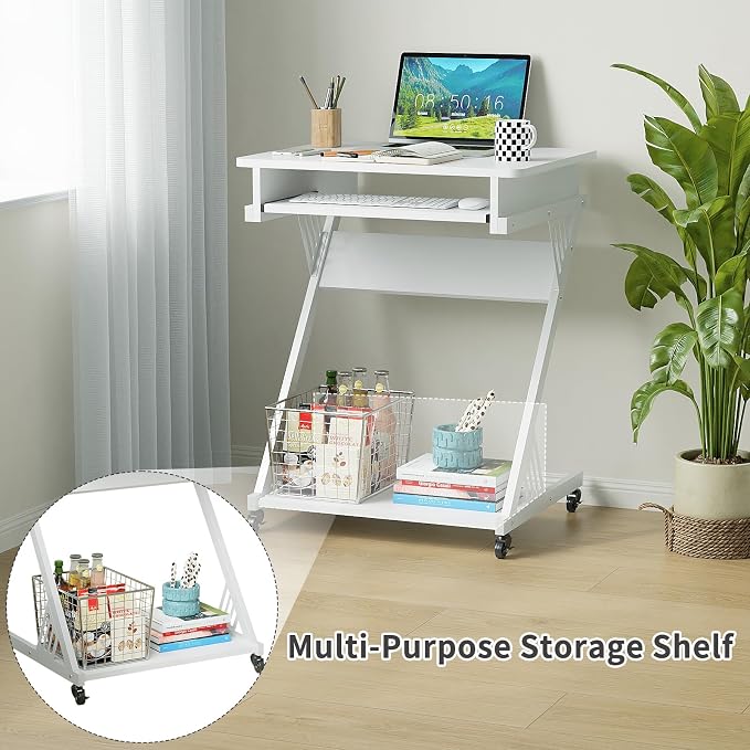 ALISENED Computer Desk for Small Spaces Compact Desk with Keyboard Tray | 23.6" Z-Shaped, with Wheels and Bottom Shelves, for Home Office, Computer Cart Mobile Laptop Cart, White - Image 7