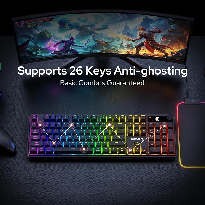 Redragon K526 PRO Wireless RGB Membrane Gaming Keyboard, LED Screen & Knob | See Battery, Mode & Time at a Glance, 0-Delay Tri-Mode, One-Touch Backlit & Media Adjust, 26-Key Anti-Ghost for Combo-Strike - Image 6