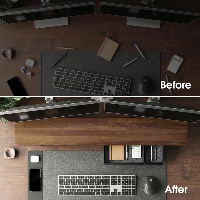 Fenge 42.5" Monitor Stand with Storage Drawers, Minimalist Monitor Riser with Solid Ash Legs and Cable Management, Wooden Desk Shelf for Home Office Workspaces, Brown - Image 7