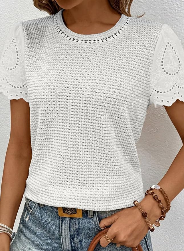 SHEWIN Womens Frenchy Summer Tops Crewneck Short Sleeve T Shirts Casual Waffle Knit Jacquard Blouses Top Shirts - Image 4