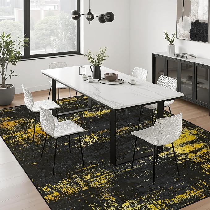 10x14 Area Rug Living Room Rug: Washable Modern Abstract Soft Thin Rug Indoor Floor No Slip Carpet for Bedroom Dining Room Farmhouse Nursery Home Office - Dark Black Gold - Image 4