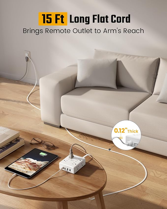 SUPERDANNY Extension Cord,Flat Plug Surge Protector Power Strip,15Ft | 8 AC & 4 USB Ports (2 USB C),Surge Protector with 1050J,Desk Charging Station for Home Office,College Dorm Room Essentials - Image 2