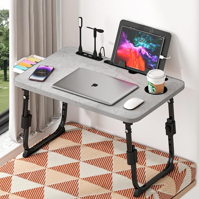 Lap Desk for Bed, Adjustable Laptop Desk with USB Charging Port, Storage Drawer & Bookshelf — Foldable Bed Desk for WFH & Students, 23.6" Desktop Fits 19" Laptop, Non-Slip, Light Stone Texture - Image 9