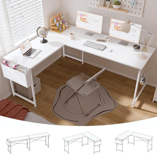 Pamray 64.5 Inch Reversible L Shaped Gaming Desk Large Corner Computer Desk with Storage Bag Home Office Table for Writing Study White by PAMRAY