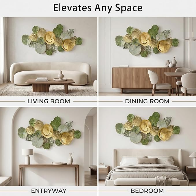 Axioglo 51" Large Wall Decor 3D Lotus Leaf Metal Wall Art for Living Room | 51" x 26" metal wall decor with layered metal texture, mounting hardware, two-way display - Image 6