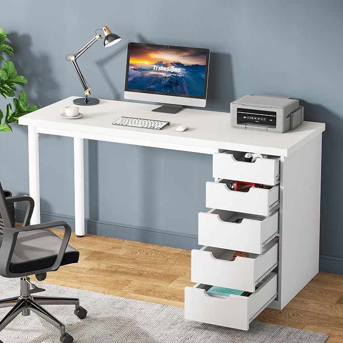 Tribesigns Computer Desk with 5 Drawers, 47 inches Rustic Brown Home Office Desk with Storage, Modern Simple Laptop Desk Study Writing Table for Small Spaces (1, White) - Image 8