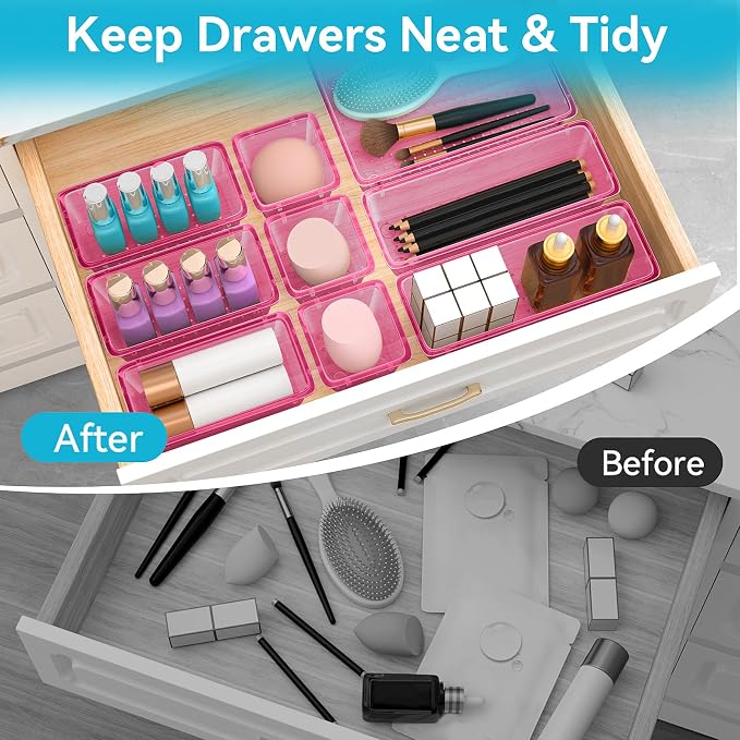 12 PCS Drawer Organizer Set, Makeup Organizers, Tool Storage Trays, Pink | 4 Sizes, Plastic, Stackable, Multiple Gadgets, Desk Drawer Divider Organizers, for Makeup, Office Supplies Storage - Image 3