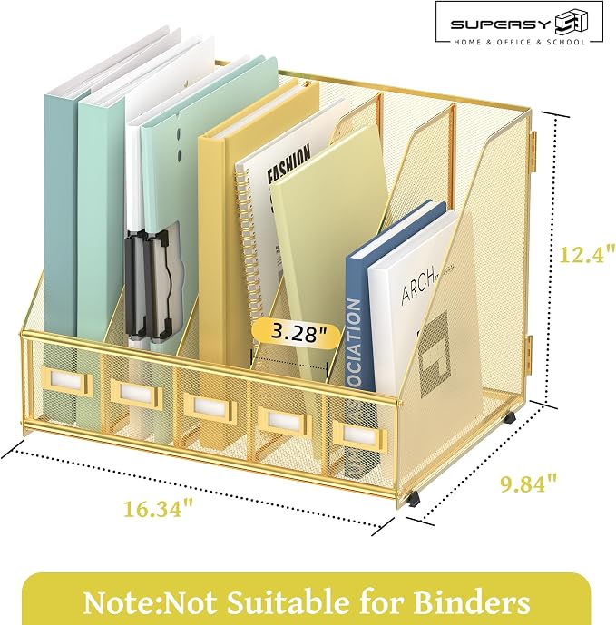 SUPEASY Desk Organizers Metal Desk Magazine File Holder with 5 Vertical Compartments Rack File Organizer for Office Desktop, Classroom, Home Workspace, Gold - Image 3