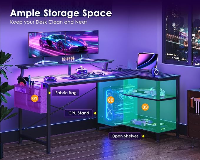 ODK 48 Inch L Shaped Gaming Desk with LED Lights, Power Outlets, Black | Adjustable Monitor Stand, Open Storage Shelves, Hanging Side Bag, PC Tower Stand, Reversible Layout for Gaming - Image 7