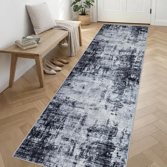 Washable Area Rug 3x14 Entryway Rug: Washable Modern Abstract Soft Thin Rug Indoor Floor No Slip Stain Resistant Carpet for Bedroom Dining Room Farmhouse Nursery Home Office - Dark Black - Image 3