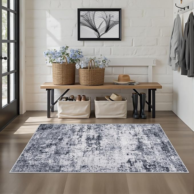 Washable Area Rug 3x5 Entryway Rug: Washable Modern Abstract Soft Thin Rug Indoor Floor No Slip Stain Resistant Carpet for Bedroom Dining Room Farmhouse Nursery Home Office - Grey - Image 3