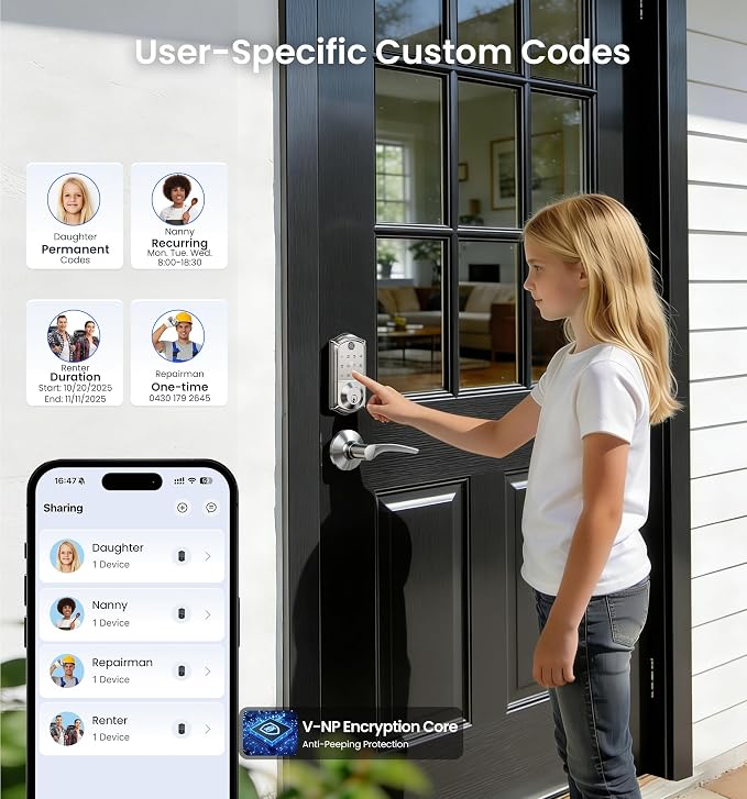 Veise VE017 Fingerprint Smart Door Lock, App Control, 8-in-1 Keyless Entry, Auto Lock, Emergency Power Port, Electronic Touchscreen Keypad, Biometric Smart Locks for Front Door, Satin Nickel - Image 4