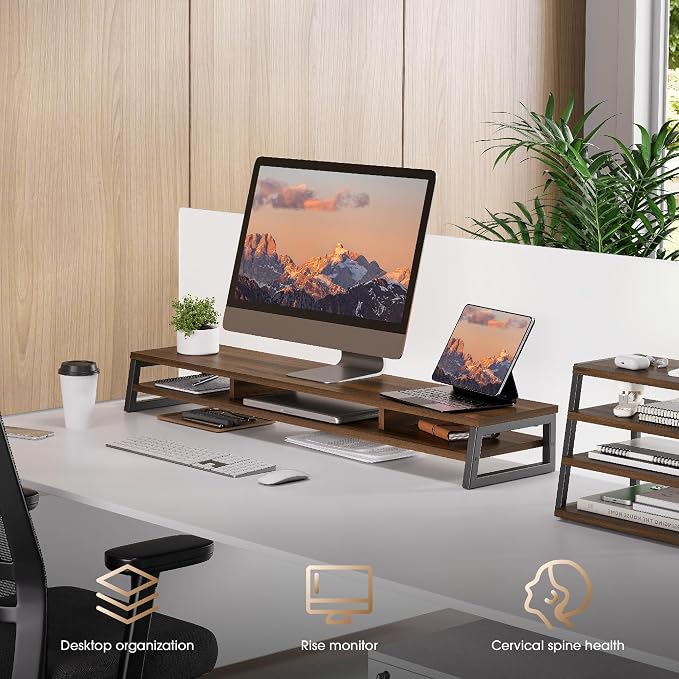 Fenge Dual Monitor Stand for Desk, 42.5in Large Monitor Riser for 2 Monitors, 2 Tier Computer Office Desk Top Shelf, Desktop Storage Stand for Laptop, PC, Computer, Printer - Image 8