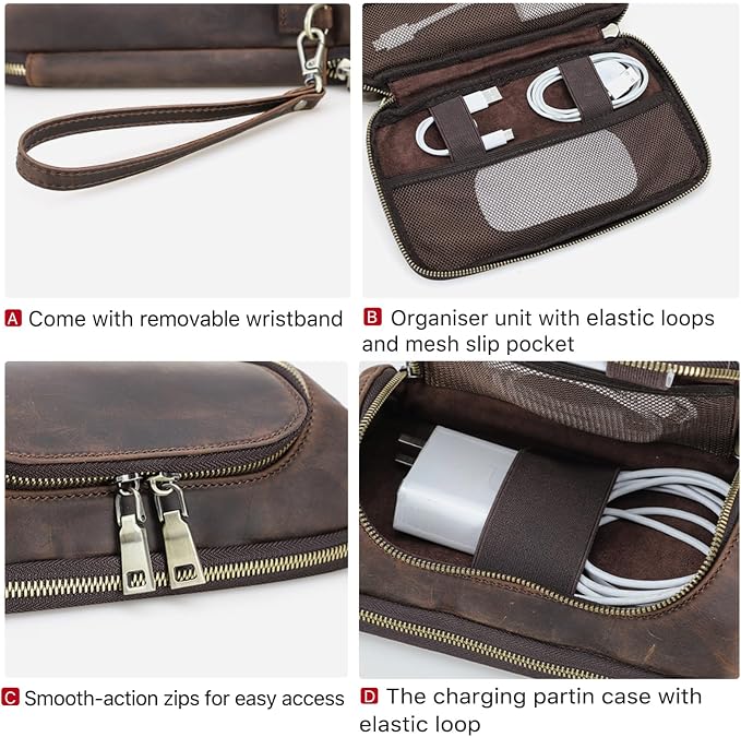 Hiram Handmade Crazy Horse Leather Electronic Organizer Travel Case Charger Organizer Travel Case Coffee - Image 4