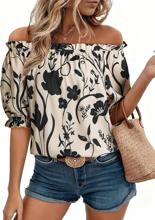 EVALESS Womens Tops Off The Shoulder Blouses for Women Dressy Casual Cute Puff Sleeve T Shirts Fashion 2026 by EVALESS