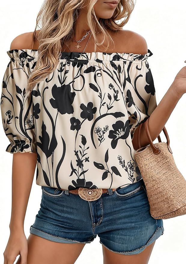 EVALESS Womens Tops Off The Shoulder Blouses for Women Dressy Casual Cute Puff Sleeve T Shirts Fashion 2026 by EVALESS