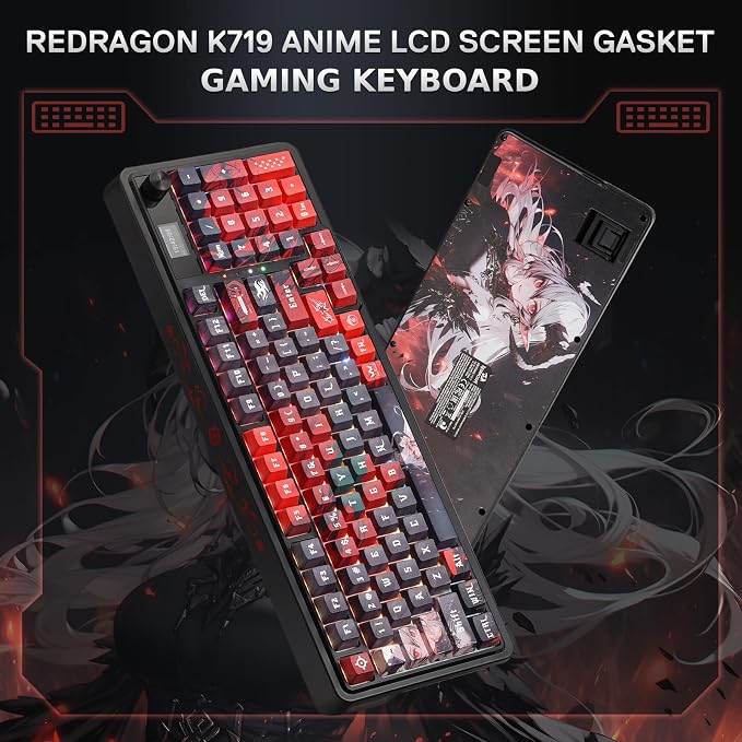 Redragon K719 PRO Wireless RGB Gasket Gaming Keyboard, Dye-Sub Anime Keycap | Easy-Control LED Info Display, 0-Delay Tri-Mode, Cushioned 5-Layer Noise Dampening for Creamy Thocky Sound, 95% Layout - Image 10