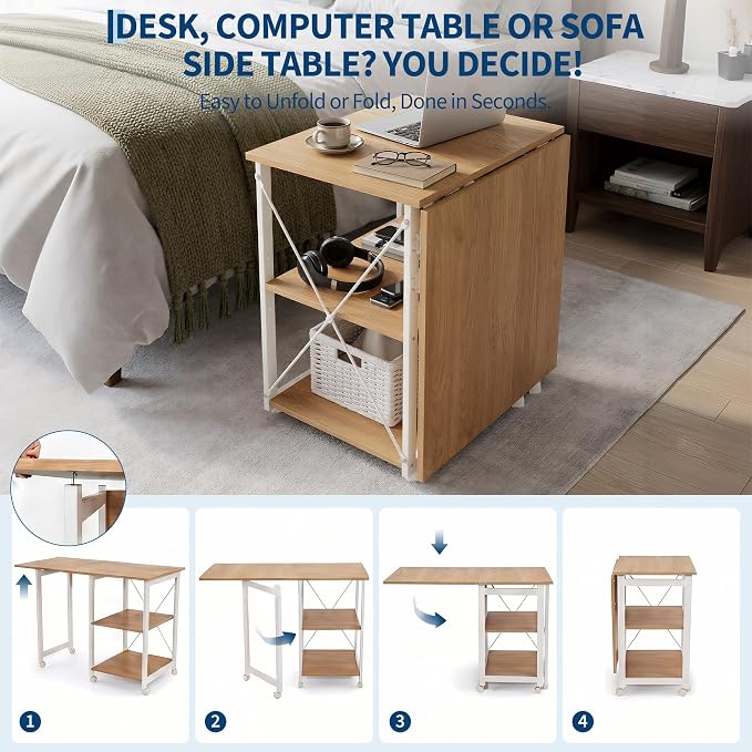 Garvee Folding Desk with Wheels, 31.5" Foldable Computer Desk with Storage Shelf, Space Saving Rolling Home Office Desk for Small Spaces, Portable Writing Table with Side Organizer, Oak - Image 3