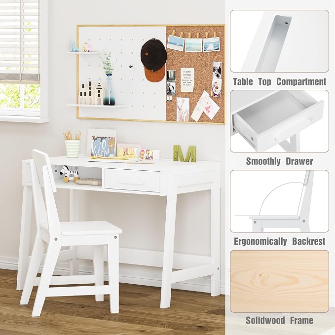 UTEX Kids Desk and Chair Set, Study Desk for Kids with Storage Bins, Wooden Children Study Table, Student Writing Desk for Bedroom & Study Room (1 Open & 1 Drawer) - Image 4