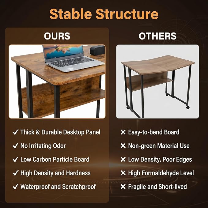 Mobile Foldable Desk w/Wheels and Feet Pads, Foldable Computer Desk, Folding Desk, Small Computer Desk for Small Spaces, Folding Table for Office Bedroom Living Room-Rustic Brown - Image 9
