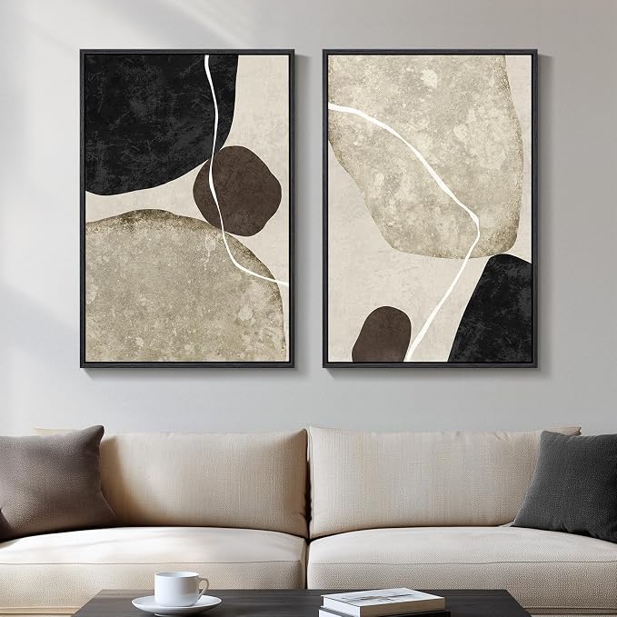 Framed Neutral Abstract Wall Art Set of 2, Modern Black Beige Brown Canvas Prints Paintings Artwork for Walls, Minimalist Stone Shape Pictures for Bedroom Dining Room Living Room Wall Decor 16x24 In by Cuspin