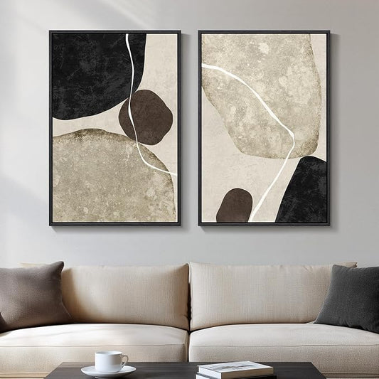 Framed Neutral Abstract Wall Art Set of 2, Modern Black Beige Brown Canvas Prints Paintings Artwork for Walls, Minimalist Stone Shape Pictures for Bedroom Dining Room Living Room Wall Decor 16x24 In by Cuspin