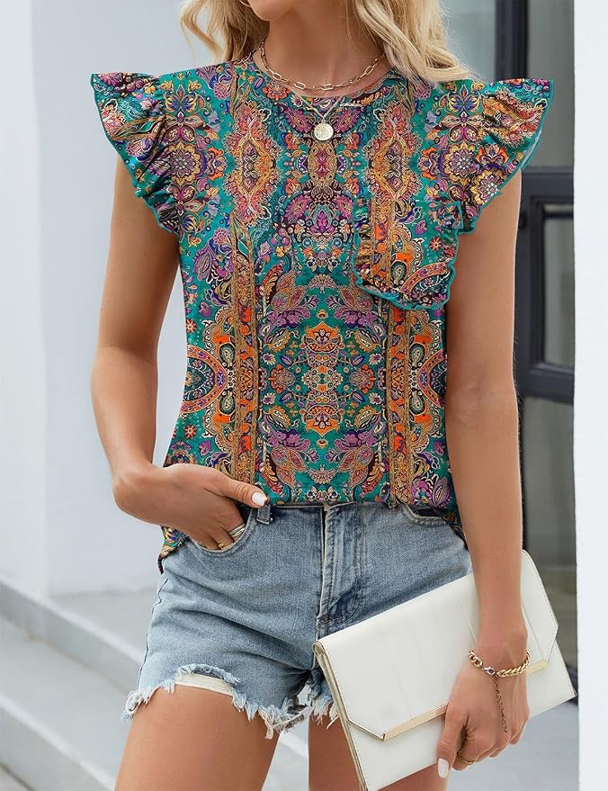 JUSTFASHIONNOW Womens Summer Tops Striped T-Shirts 2026 Ruffle Short Sleeve Crew Neck Casual Blouses with Pocket - Image 3