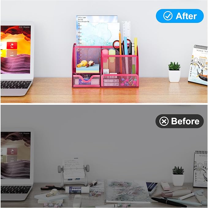 EasyPAG Mesh Desk Organizer with Drawer Multi-functional Pen Holder Stationery Organizer for Office School Supplies 6 Compartments Dorm Organizers and Storage for Desk, Hot Pink - Image 4
