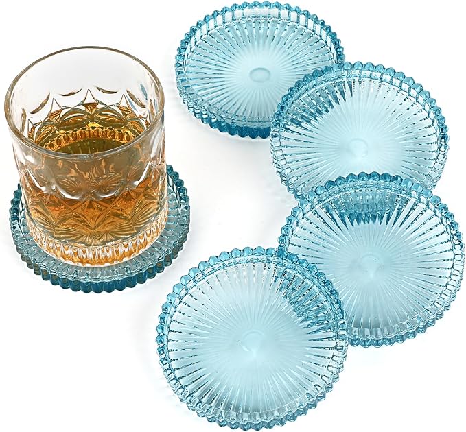 Modern Clear Coaster Set of 5- Glass Coasters for Drinks Crystal Coasters Round Cup Mat Coffee Table Decor for Office, Kitchen, Bar, Dining Room, Living Room, Patio(Clear Blue) by Unknown