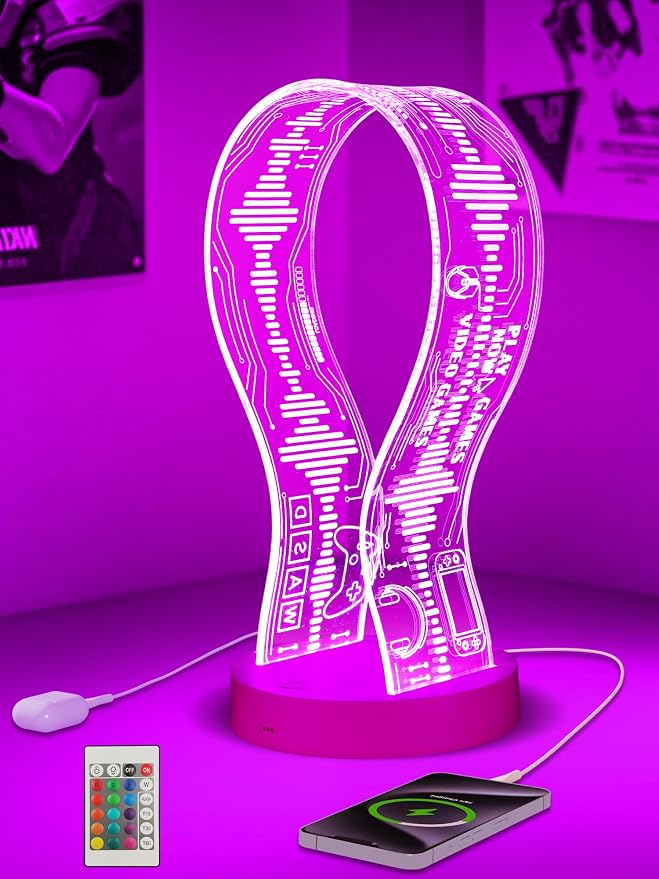 CoolGift Mart Light Up Headphone Stand with 16 Color Lights, Game Pattern Acrylic Headset Stand with 1 USB and 1 Type-C Charging Ports, Gifts for Girls Women Gamers and Music Lovers - Image 2