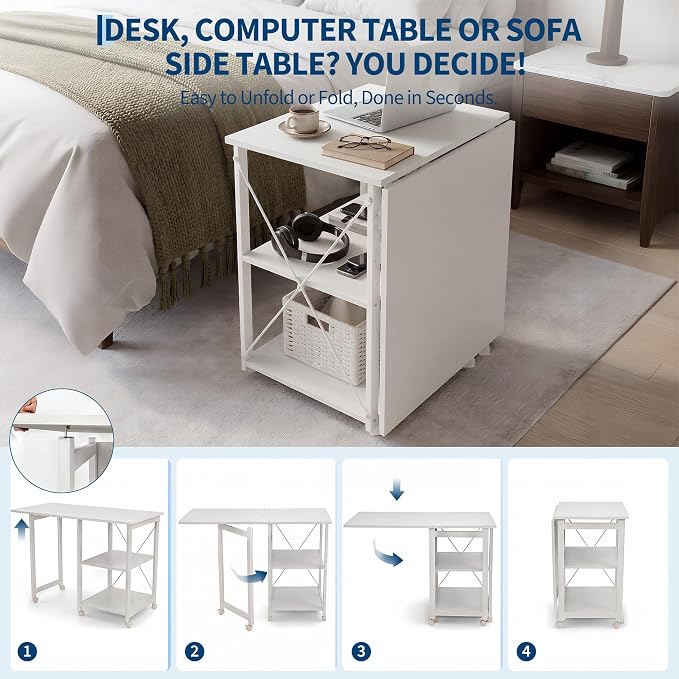 Garvee Folding Desk with Wheels, 31.5" Foldable Computer Desk with Storage Shelf, Space Saving Rolling Home Office Desk for Small Spaces, Portable Writing Table with Side Organizer, White - Image 3