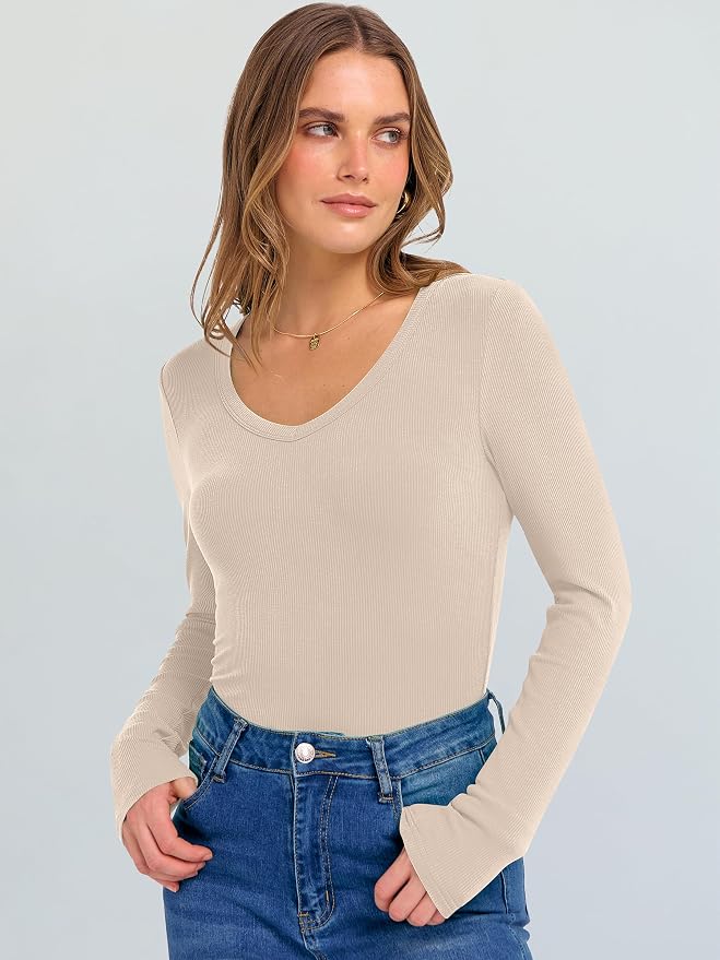 ANRABESS Long Sleeve V Neck Shirts for Women | Soft Comfy Ribbed Knit Fitted Tshirts, Casual Going Out Tops, 2026 Trendy Basic, Fall Winter Underscrub Layering Clothes - Image 3