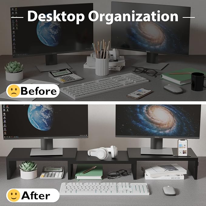 BONTEC Dual Monitor Stand Riser with Smartphone Holder, Adjustable Length & Swivel Angle, Ergonomic Wooden Desktop Organizer for PC Monitor, Laptop, Printer, Large Storage, 42.5 in, Black - Image 2